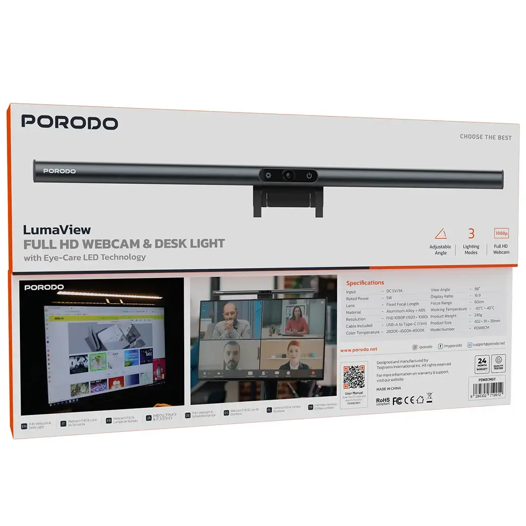 Porodo LumaView Full HD Webcam & Desk Light with Eye-Care LED Technology