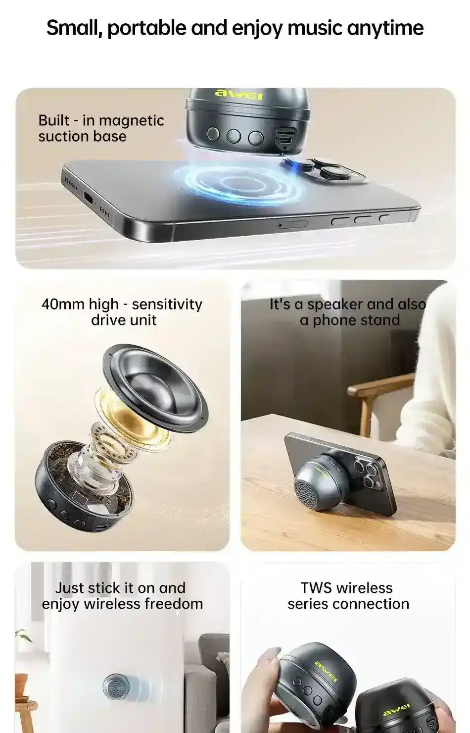 Awei KA53 Mini Magnetic TWS Portable 360° Stereo Surround Speaker