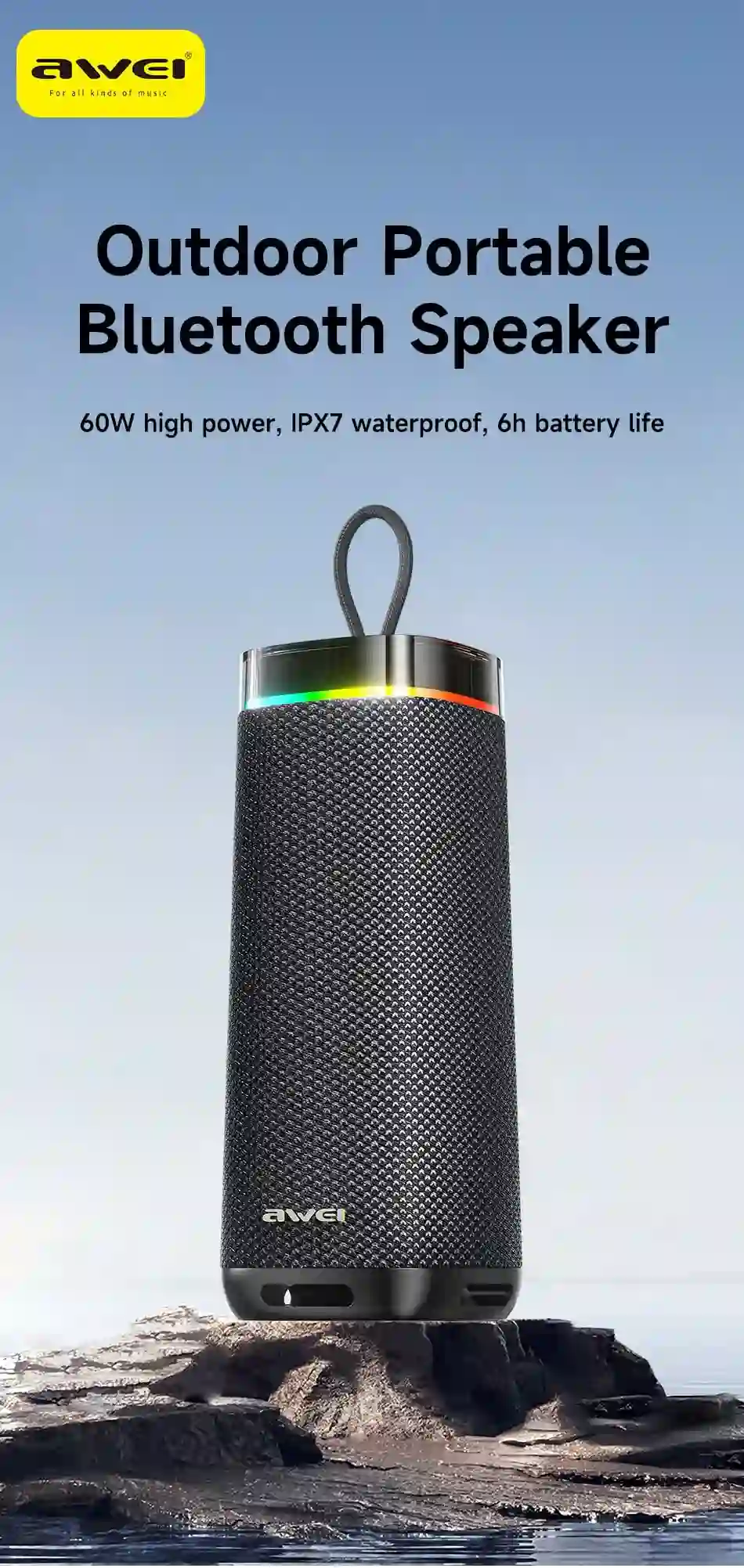 AWEI KA66 60W IPX7 Waterproof Bluetooth Speaker with RGB Lights