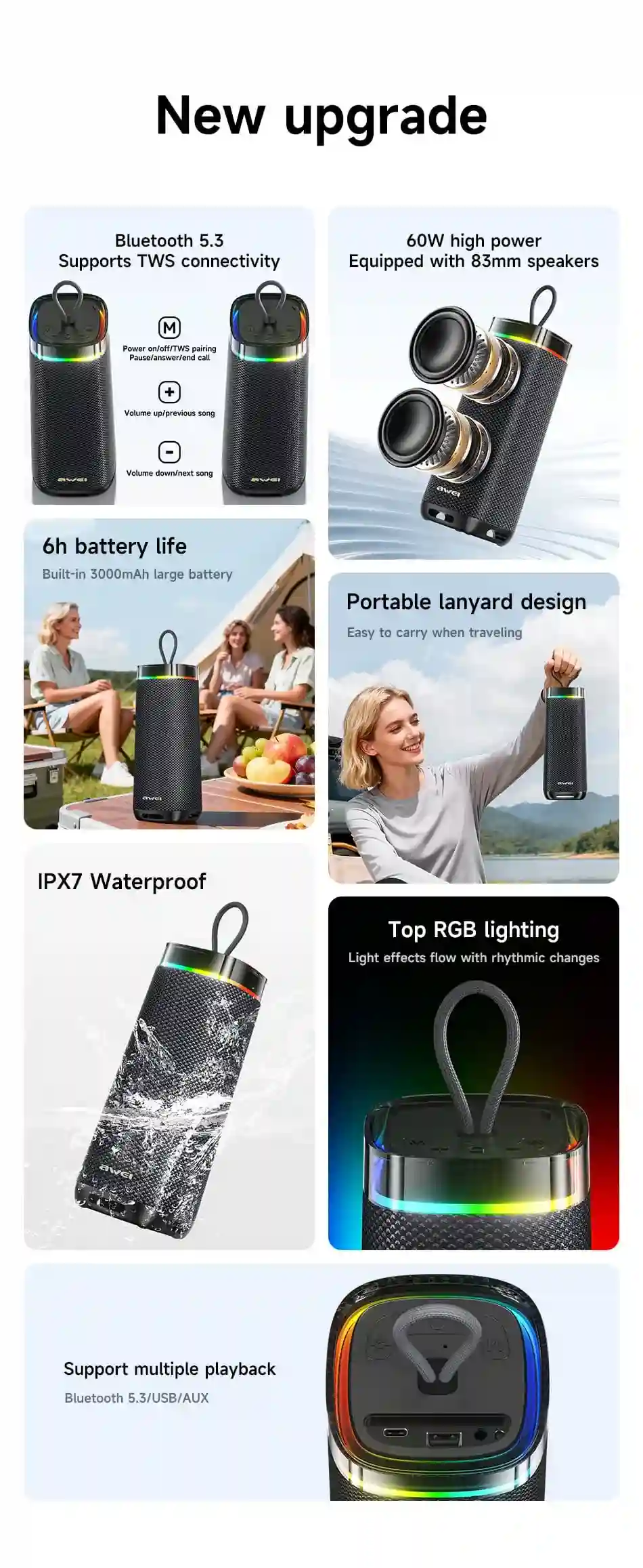 AWEI KA66 60W IPX7 Waterproof Bluetooth Speaker with RGB Lights
