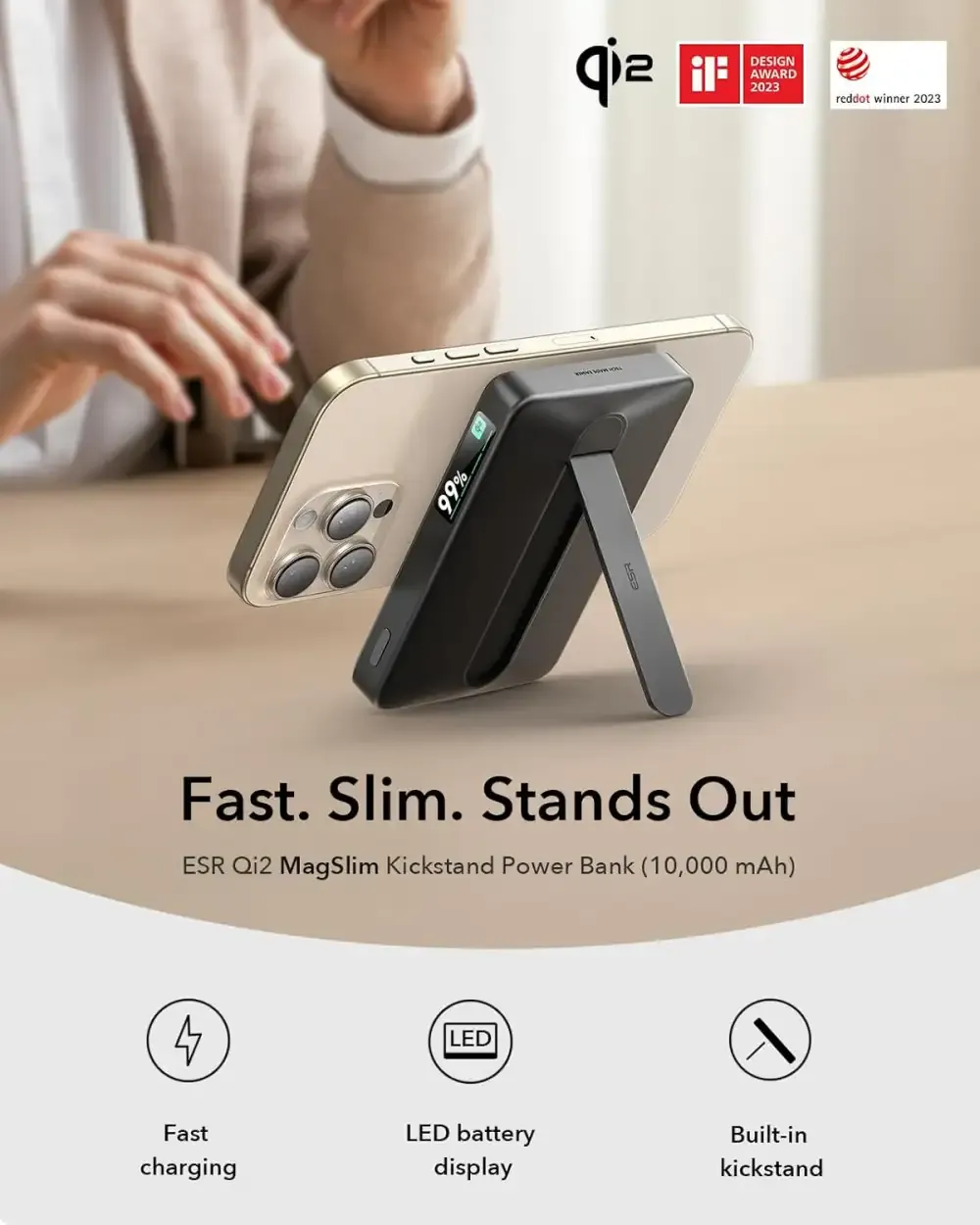 ESR Qi2 MagSlim Kickstand Power Bank (10000 mAh) 