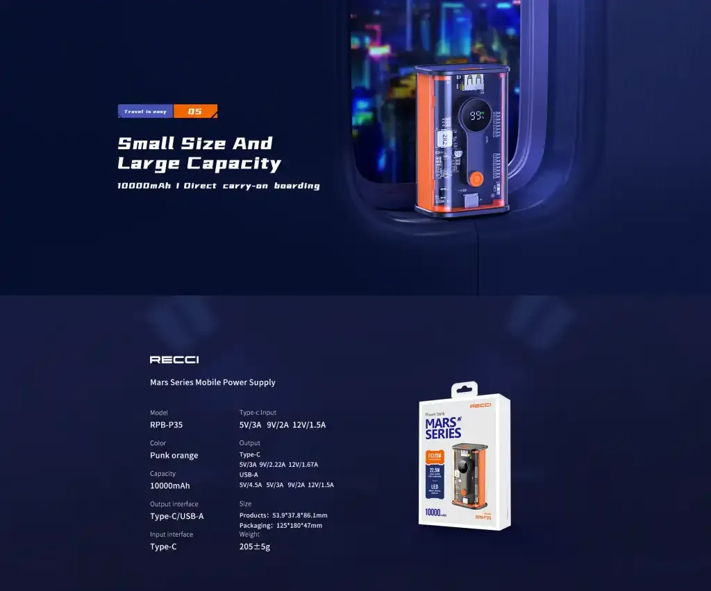 RECCI RPB-P35 Mars Series 10000 mAh 22.5W Power Bank